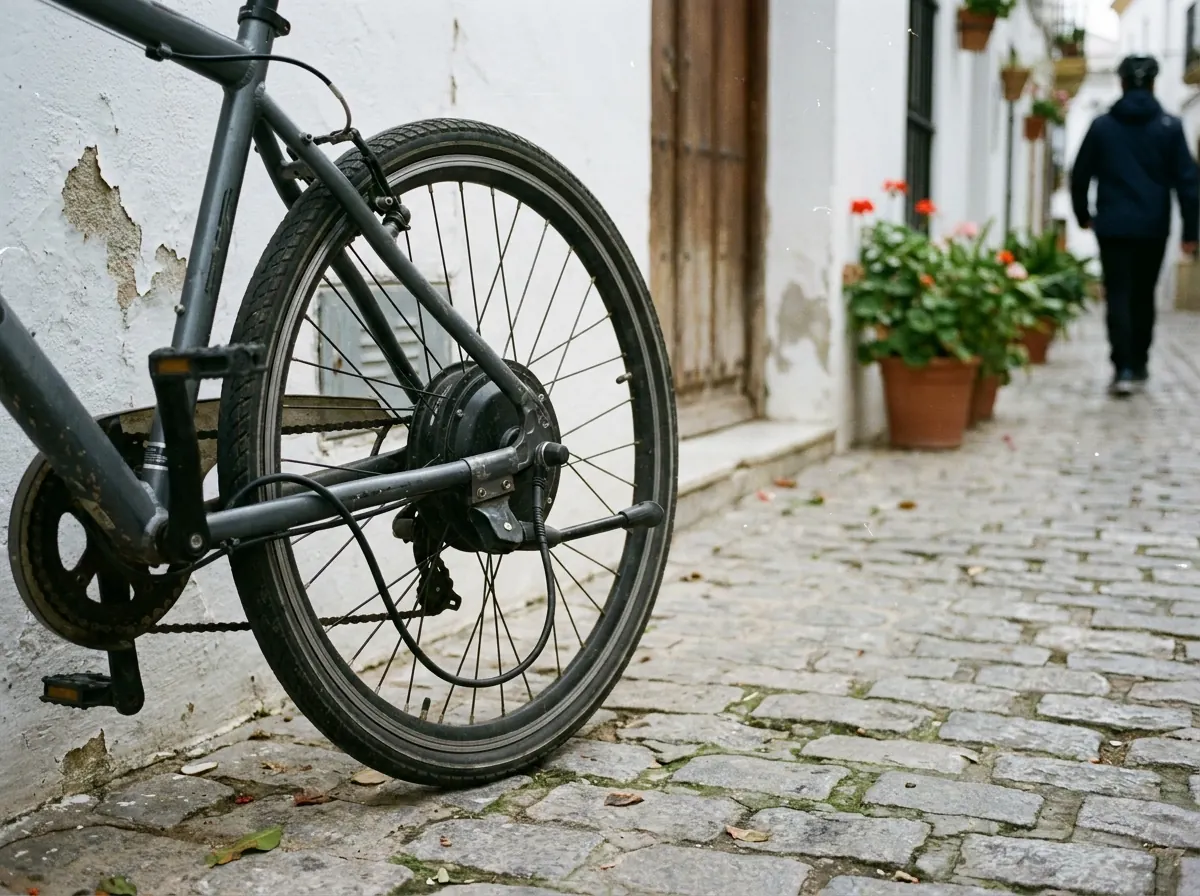 Imagen generada con IA: rueda trasera de una bici eléctrica con el motor en el buje, aparcada en una calle empedrada