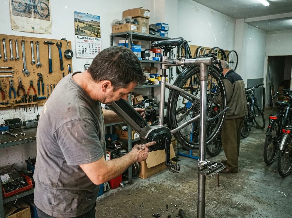 Imagen generada con IA: un mecánico revisa el motor central de una bici eléctrica en un taller