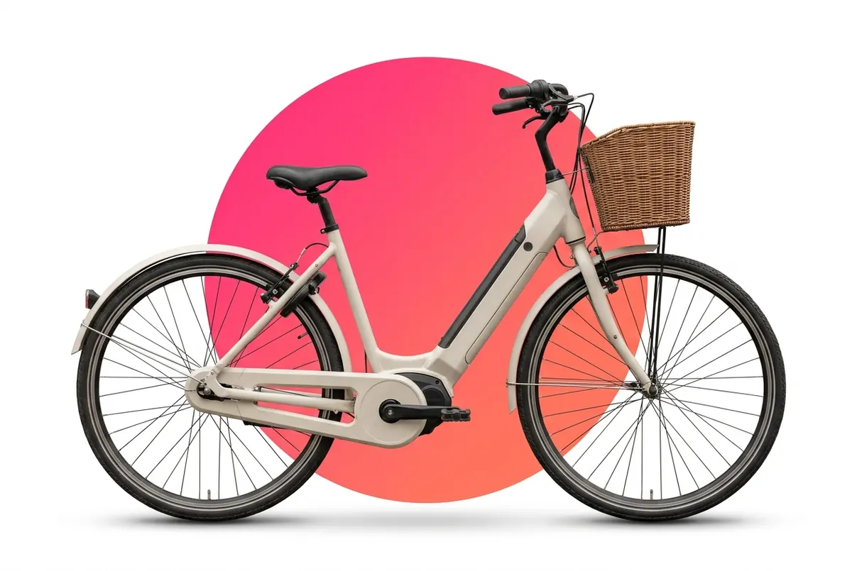 Imagen generada con IA: bicicleta eléctrica de paseo genérica, sin marca, de cuadro bajo y con cesta